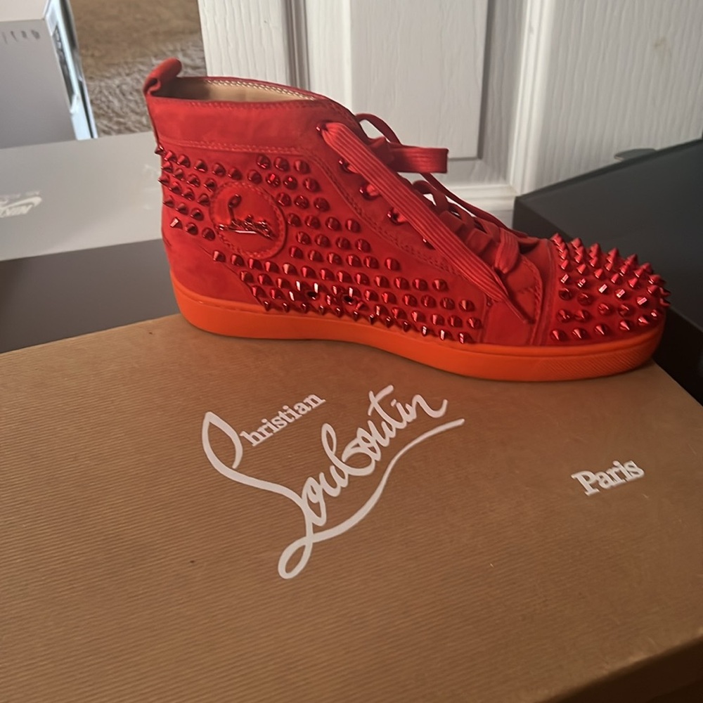 Christian Louboutin Louis Orlato Spike Studs High Cut Men's Red Sneakers 40 - Picture 4 of 6